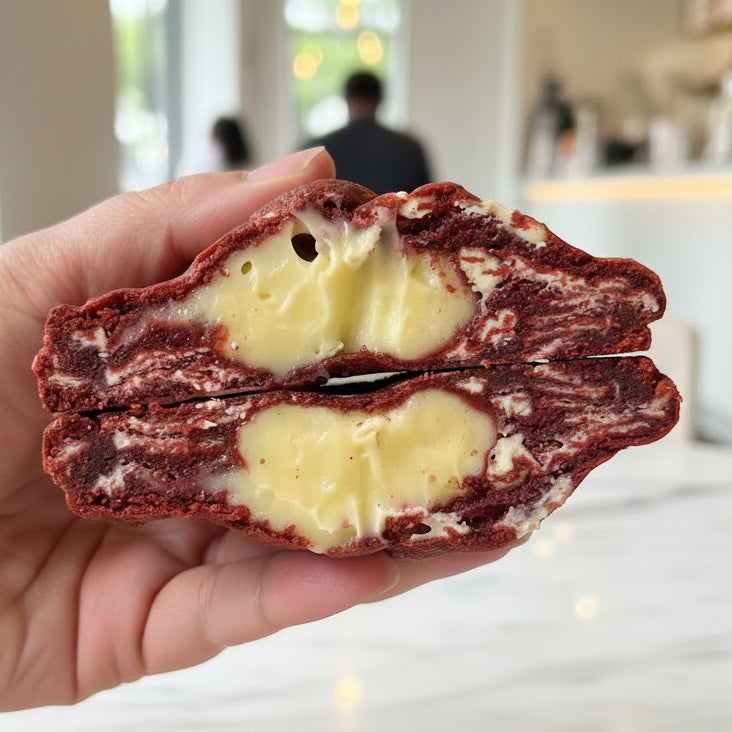 Red Velvet Dream NYC cookie with creamy cheesecake filling and white chocolate chips by Black Bird Bakers
