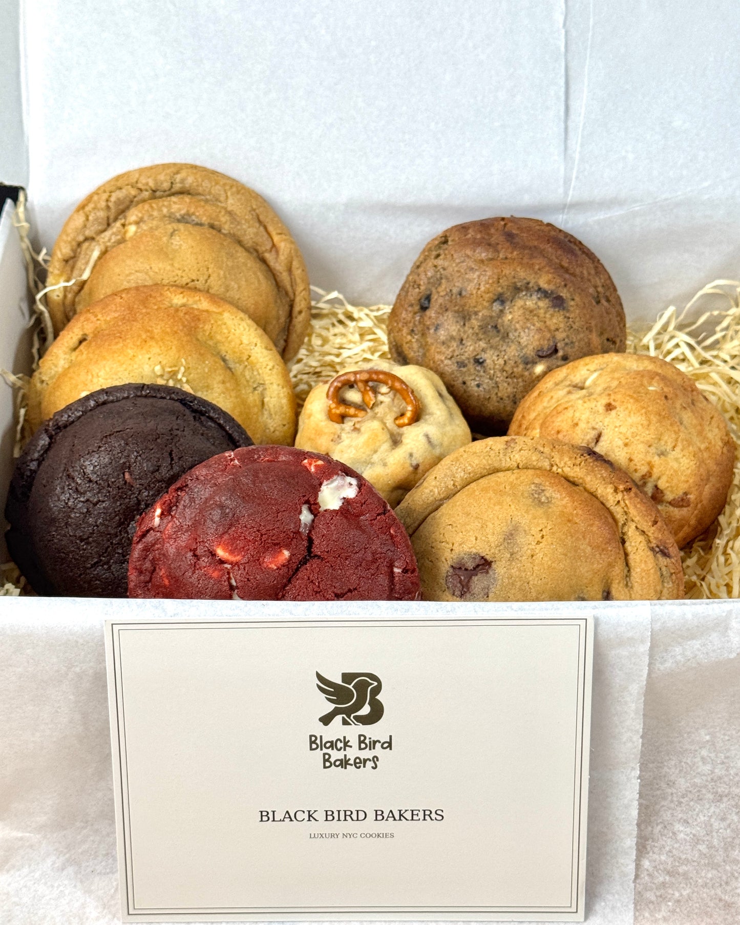 Luxury NYC cookie gift box from Black Bird Bakers featuring a selection of stuffed gourmet cookies