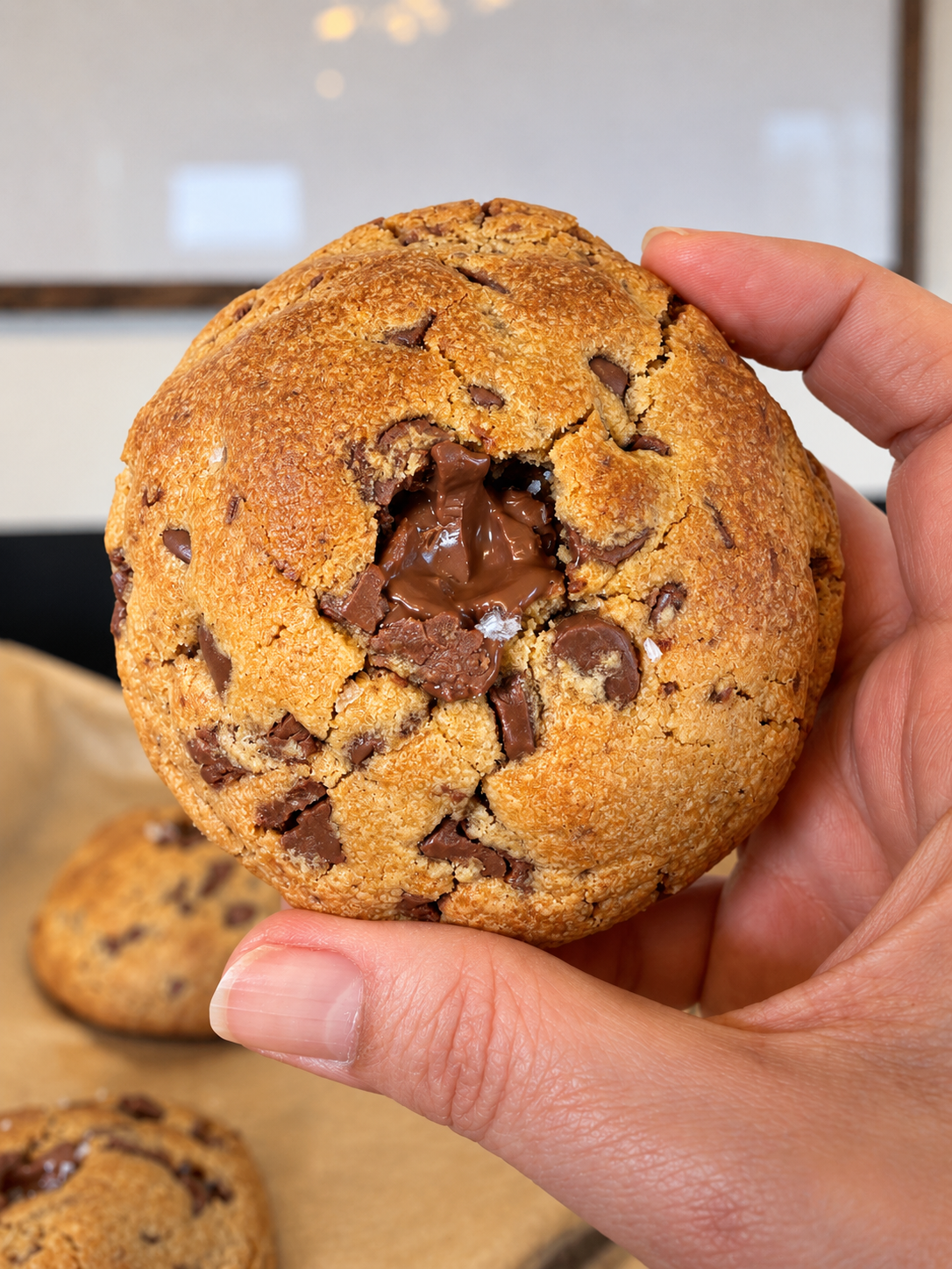 Hand holding a thick brown butter Belgian chocolate chip cookie with a gooey melted chocolate centre.
