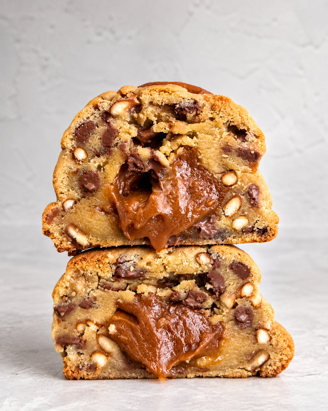 Salted Caramel Pretzel cookie cut open showing a gooey caramel centre, chocolate chunks and pretzel pieces