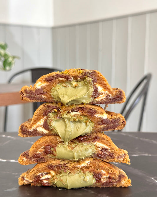 Pistachio Luxe NYC cookie with creamy pistachio centre and white and dark chocolate chips by Black Bird Bakers
