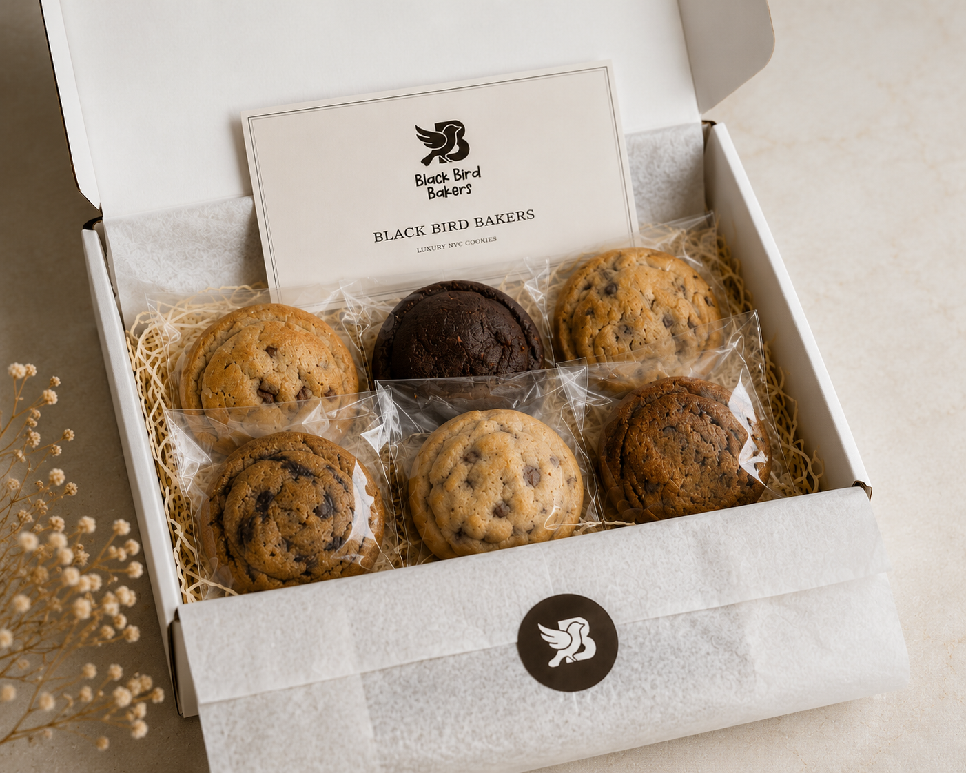Black Bird Bakers Signature Cookie Box containing six handcrafted luxury NYC cookies in premium gift box