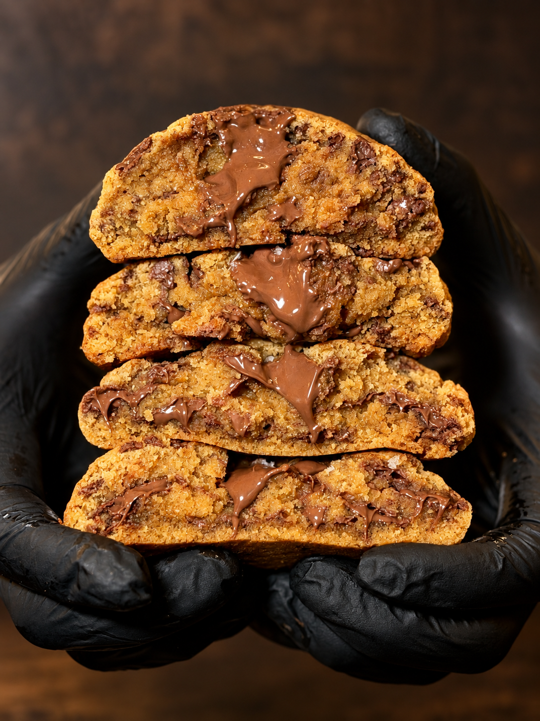 Four gooey brown butter Belgian chocolate chip cookies, split open and stacked to show the melted chocolate centres