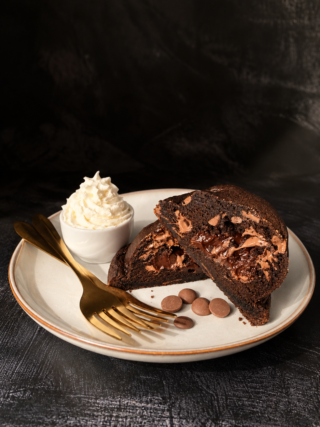 Midnight Noir chocolate cookie served as a dessert, cut open to show its gooey Belgian chocolate centre, handmade in Dartmoor by Black Bird Bakers.