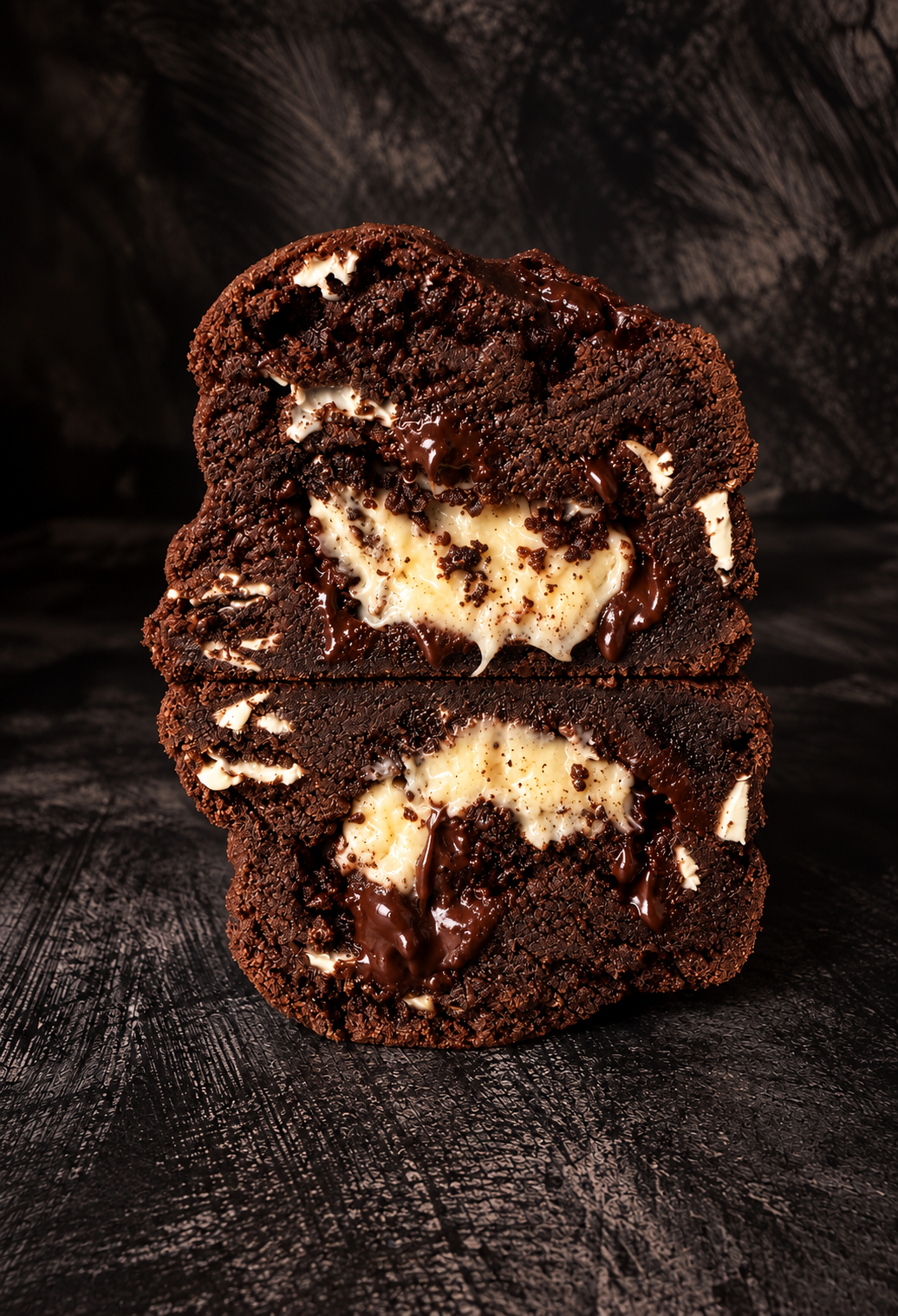 Thick Midnight Noir Oreo chocolate cookie cut open with a creamy centre and gooey Belgian chocolate, handmade in Dartmoor by Black Bird Bakers.
