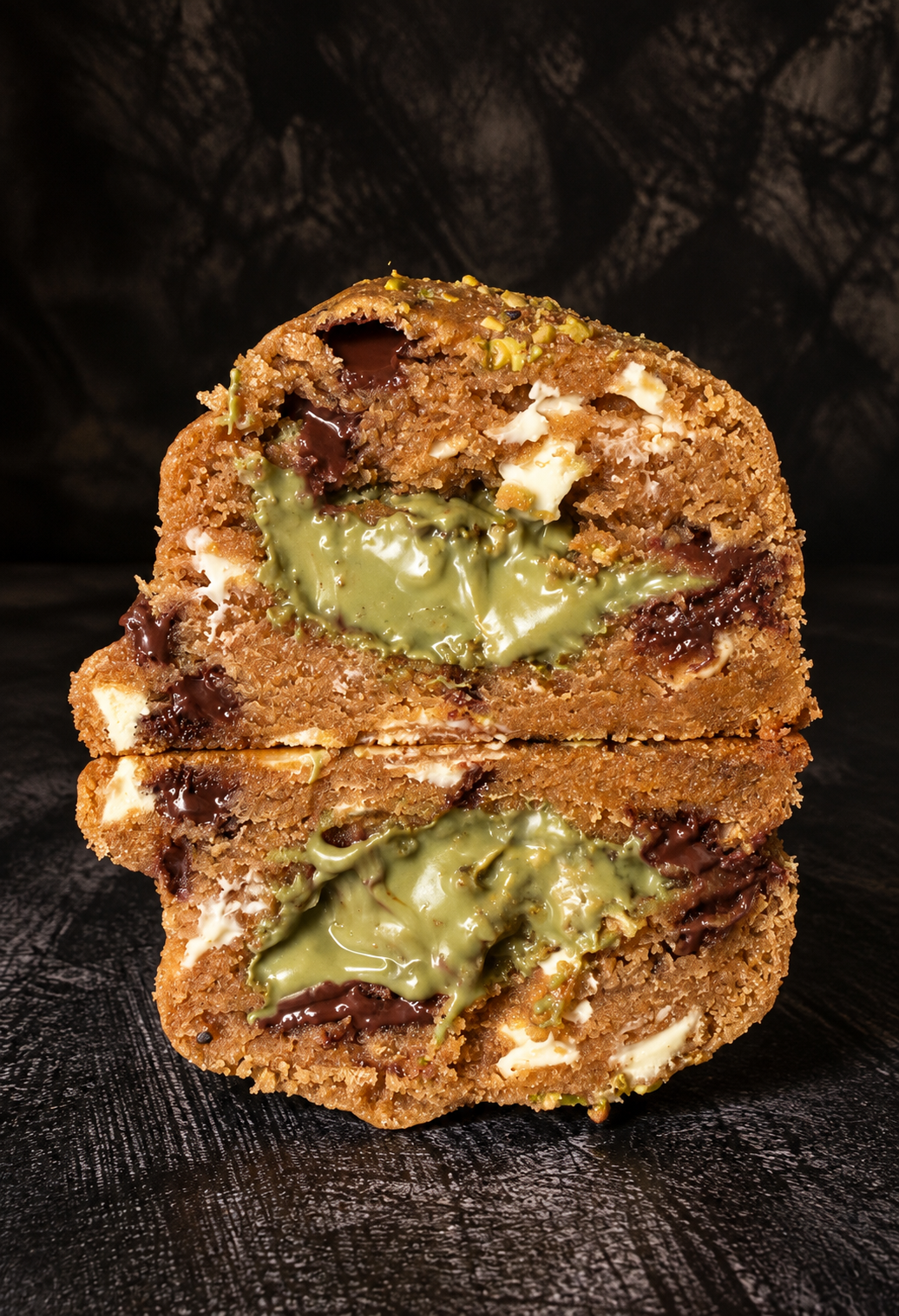 Pistachio Luxe cookie cut open showing a deep pistachio cream centre and Belgian chocolate