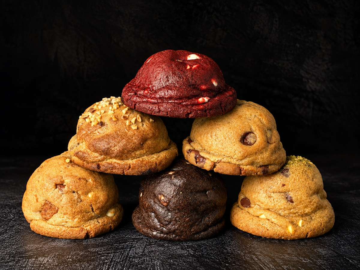 Red velvet cookie with white chocolate displayed with an assortment of thick handmade cookies from Black Bird Bakers in Dartmoor.
