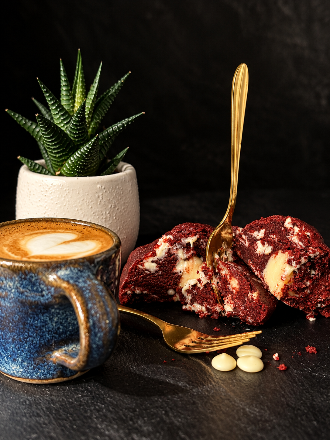 Red velvet cookie with gooey white chocolate ganache served as a dessert with coffee, handmade in Dartmoor by Black Bird Bakers
