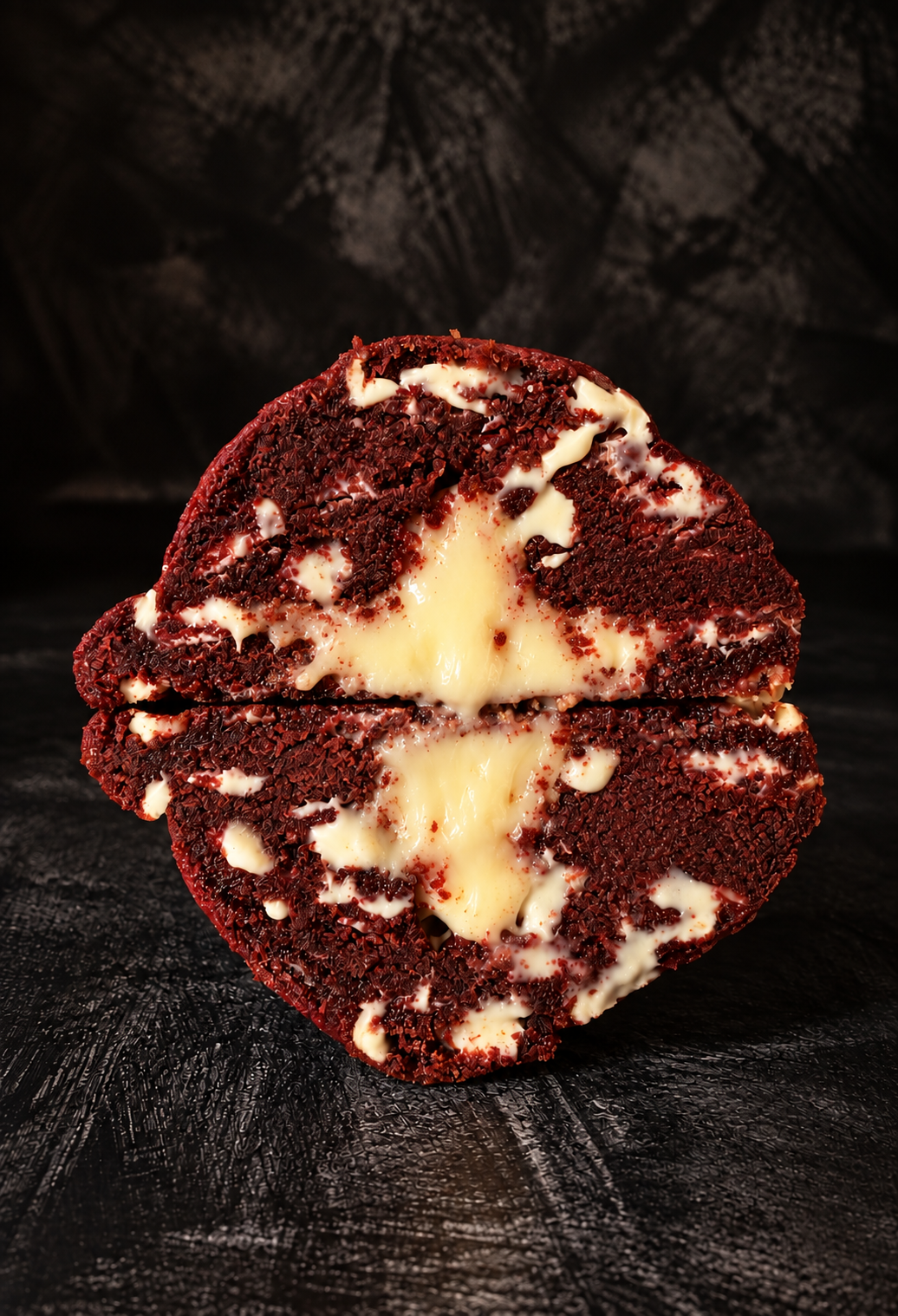 Red velvet cookie cut open with a gooey white chocolate ganache centre, handmade in Dartmoor by Black Bird Bakers.