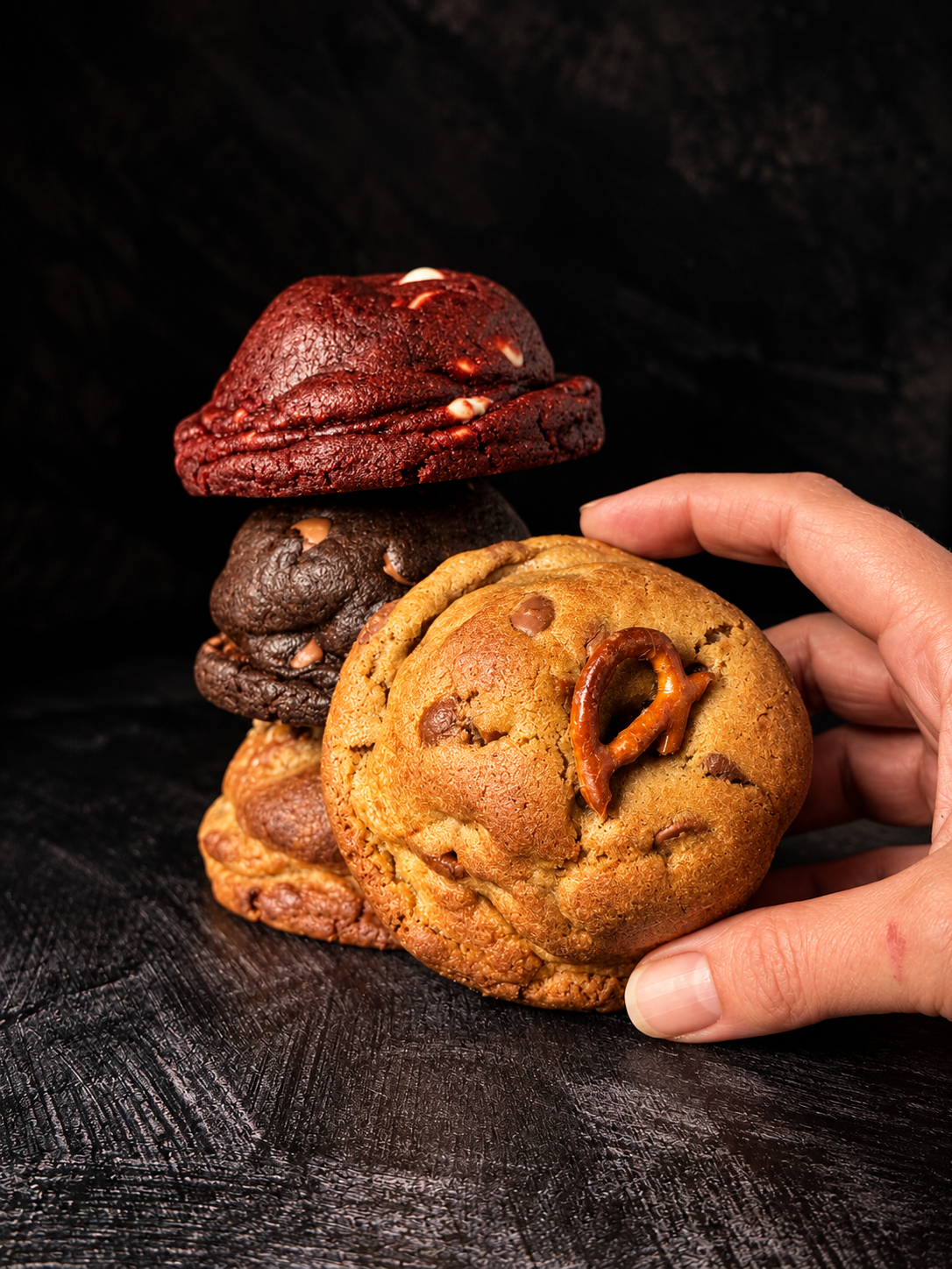 Hand holding a thick handmade cookie from the Black Bird Bakers Signature Cookie Gift Box, with assorted cookies stacked behind