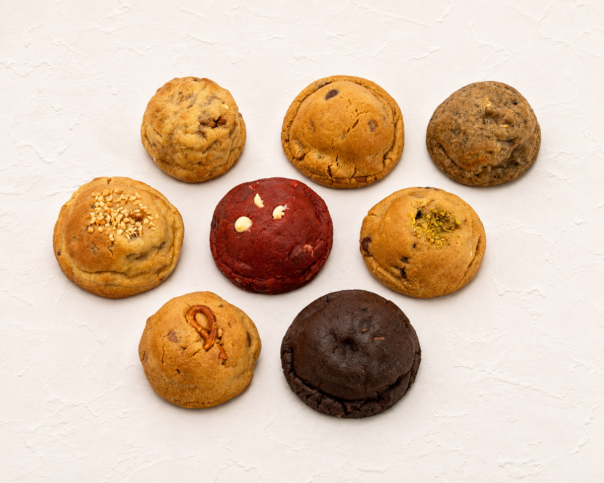 Selection of thick handmade Black Bird Bakers cookies in a variety of flavours